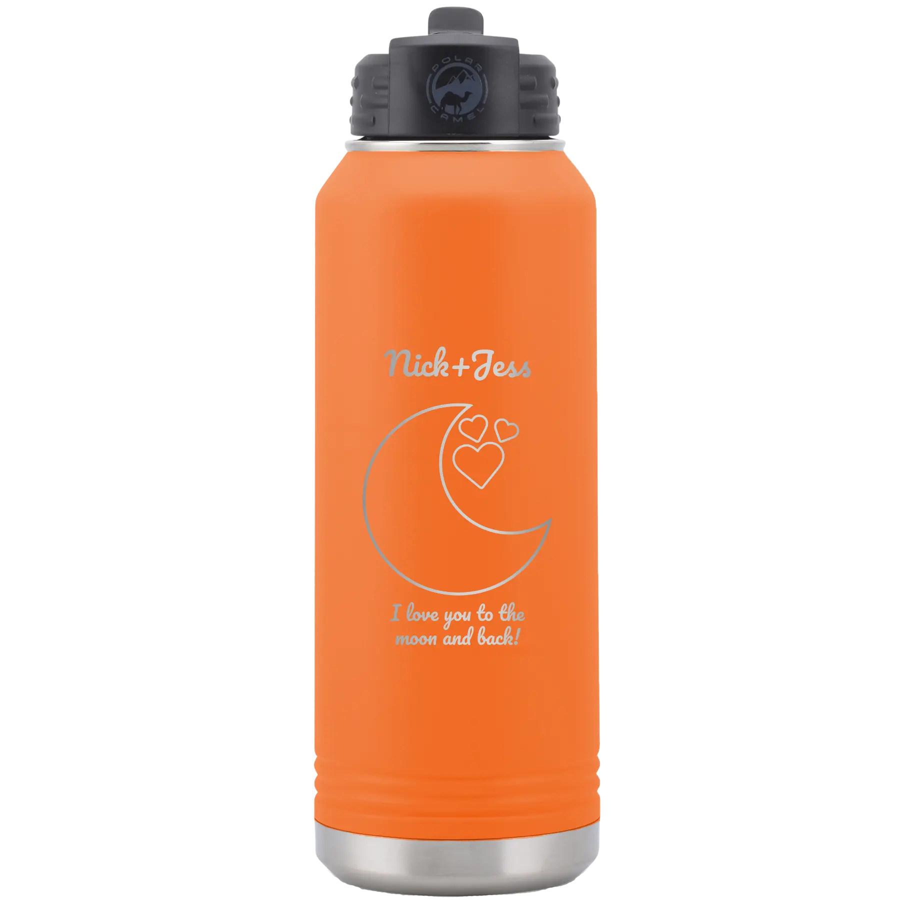Personalized orange 32 oz vacuum insulated water bottle with 'Love You To the Moon' design