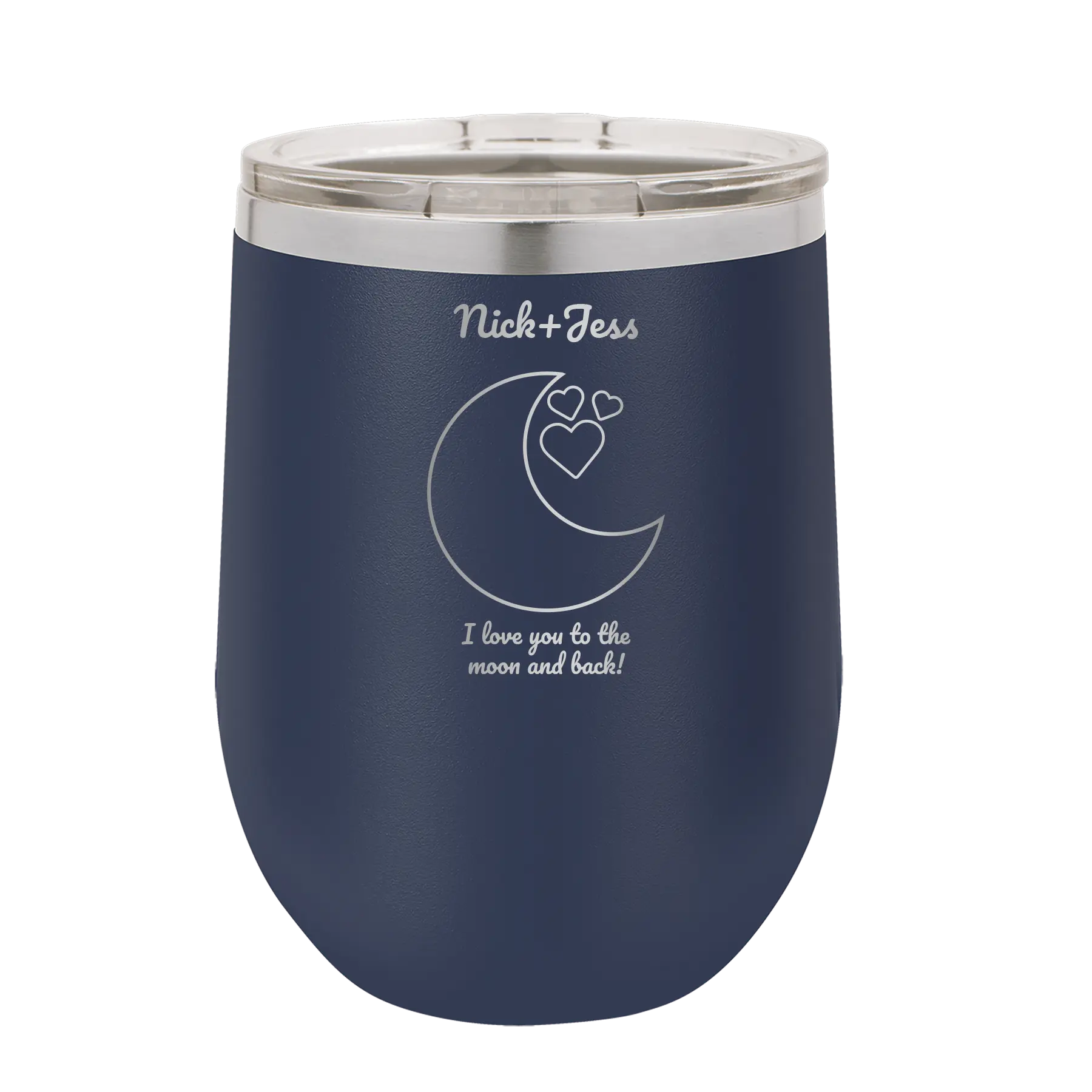 Personalized navy 12 oz vacuum insulated wine cup with 'Love You To the Moon' design