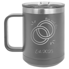 Personalized dark gray 15 oz vacuum insulated coffee mug with 'Mrs Mrs Est' design