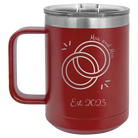 Personalized maroon 15 oz vacuum insulated coffee mug with 'Mrs Mrs Est' design