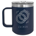 Personalized navy 15 oz vacuum insulated coffee mug with 'Mrs Mrs Est' design