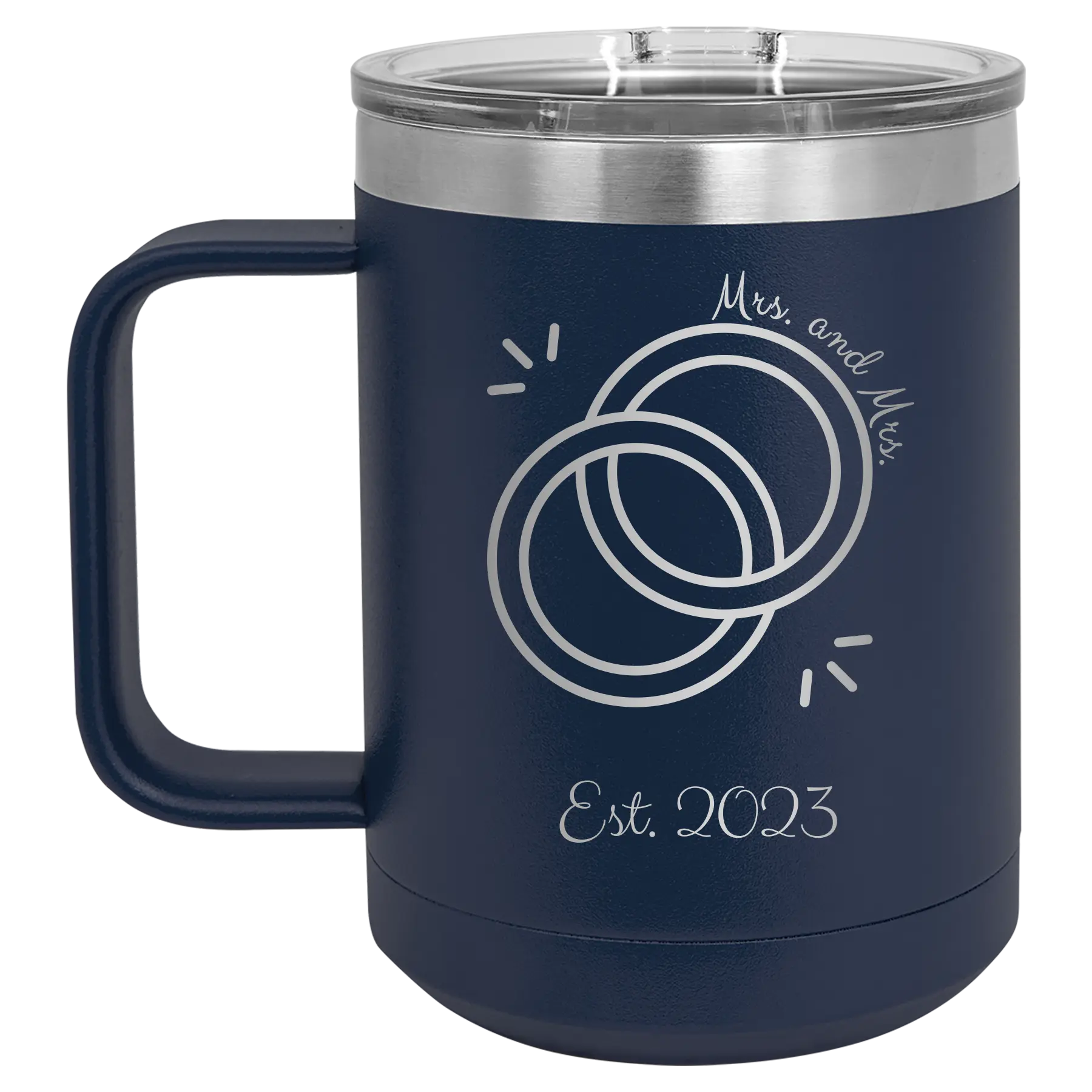 Personalized navy 15 oz vacuum insulated coffee mug with 'Mrs Mrs Est' design