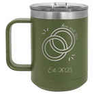 Personalized olive green 15 oz vacuum insulated coffee mug with 'Mrs Mrs Est' design