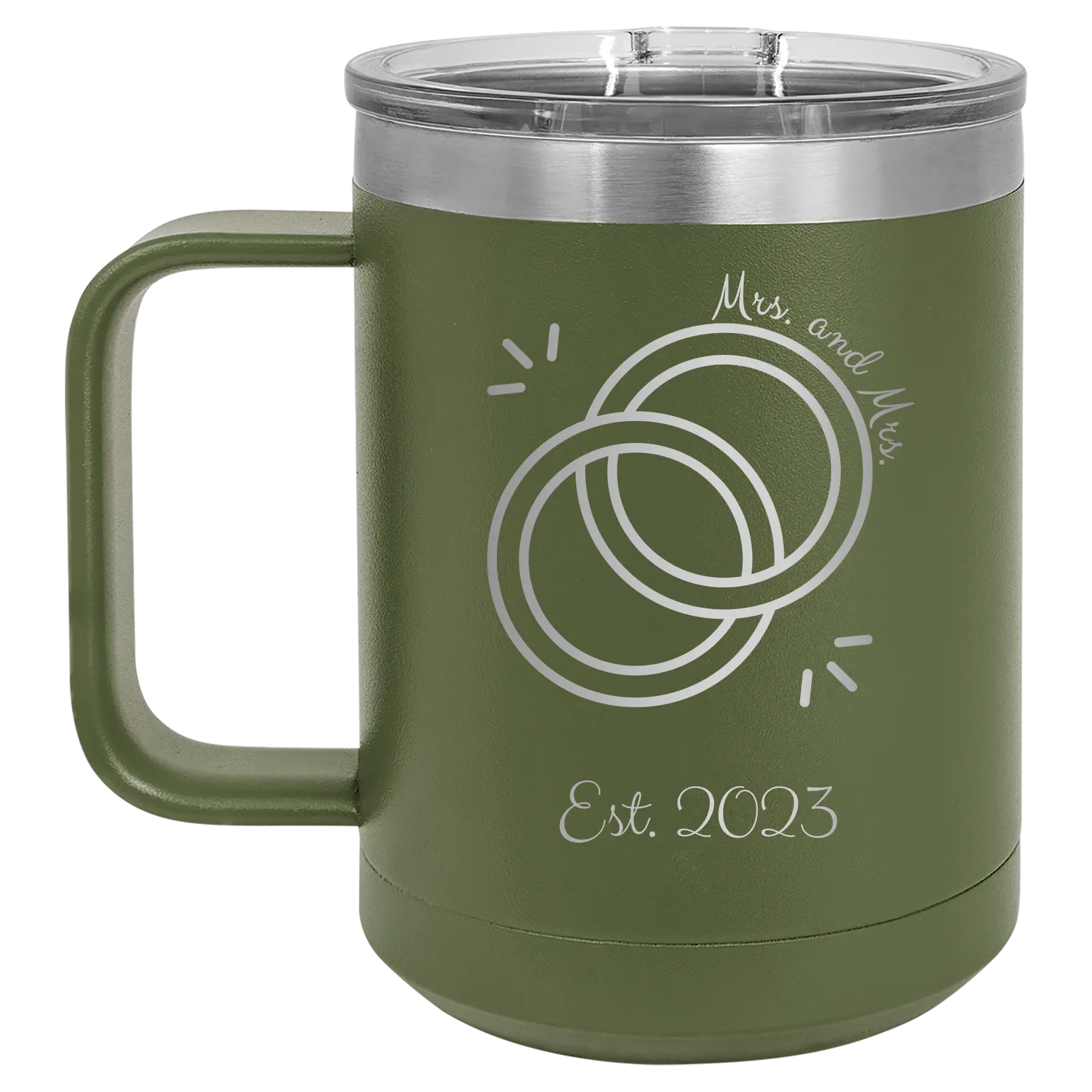 Personalized olive green 15 oz vacuum insulated coffee mug with 'Mrs Mrs Est' design