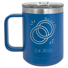 Personalized royal blue 15 oz vacuum insulated coffee mug with 'Mrs Mrs Est' design