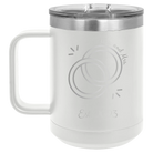 Personalized white 15 oz vacuum insulated coffee mug with 'Mrs Mrs Est' design