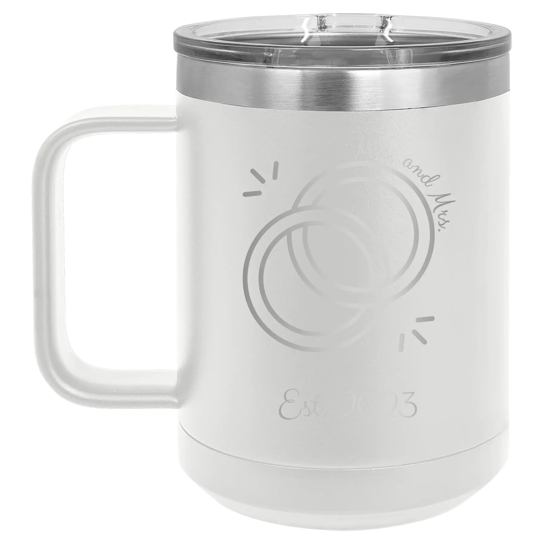 Personalized white 15 oz vacuum insulated coffee mug with 'Mrs Mrs Est' design