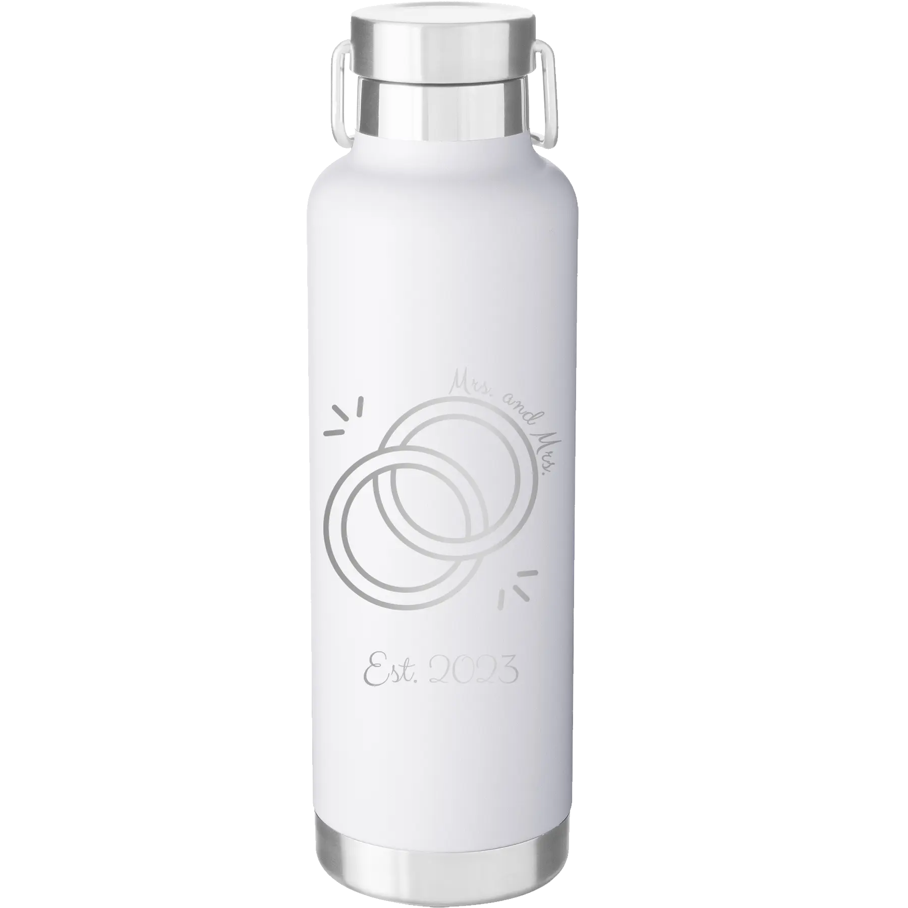 Personalized white 24 oz vacuum insulated water bottle with 'Mrs Mrs Est' design