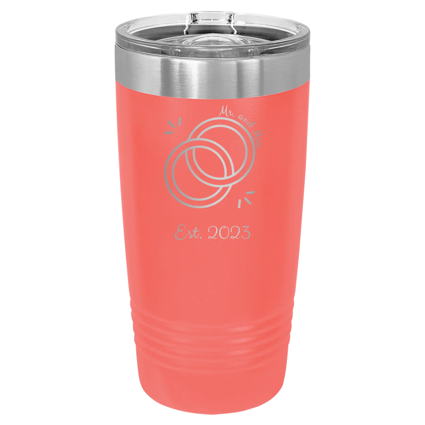 Personalized coral 20 oz vacuum insulated tumbler with 'Mr Mrs Est' design