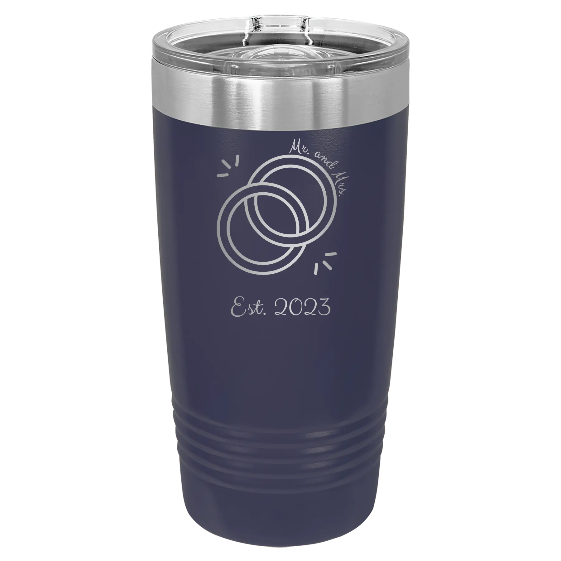 Personalized navy 20 oz vacuum insulated tumbler with 'Mr Mrs Est' design