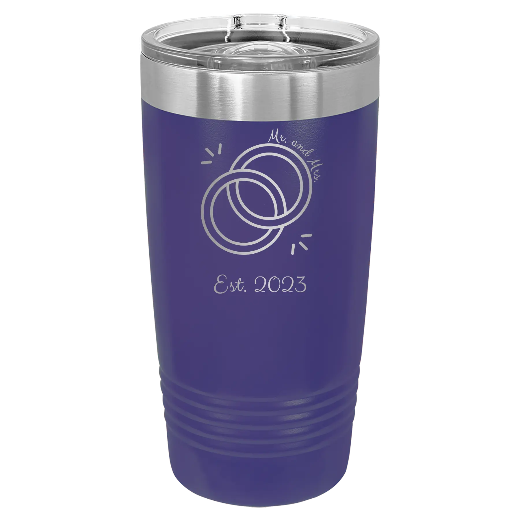 Personalized purple 20 oz vacuum insulated tumbler with 'Mr Mrs Est' design