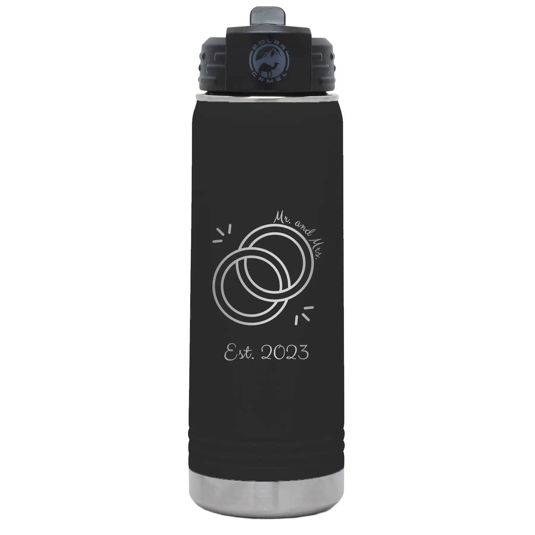 Personalized black 20 oz vacuum insulated water bottle with 'Mr Mrs Est' design