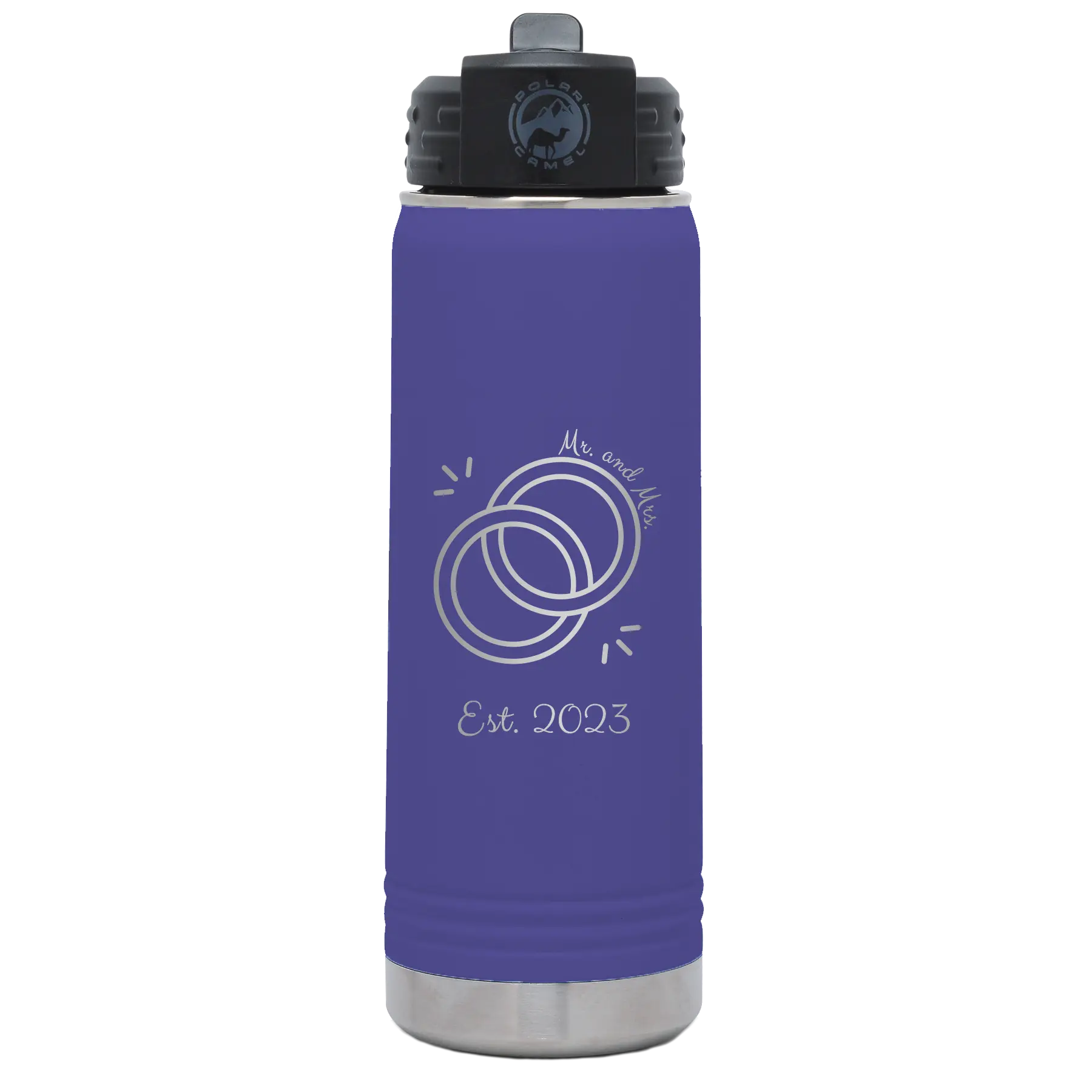 Personalized purple 20 oz vacuum insulated water bottle with 'Mr Mrs Est' design