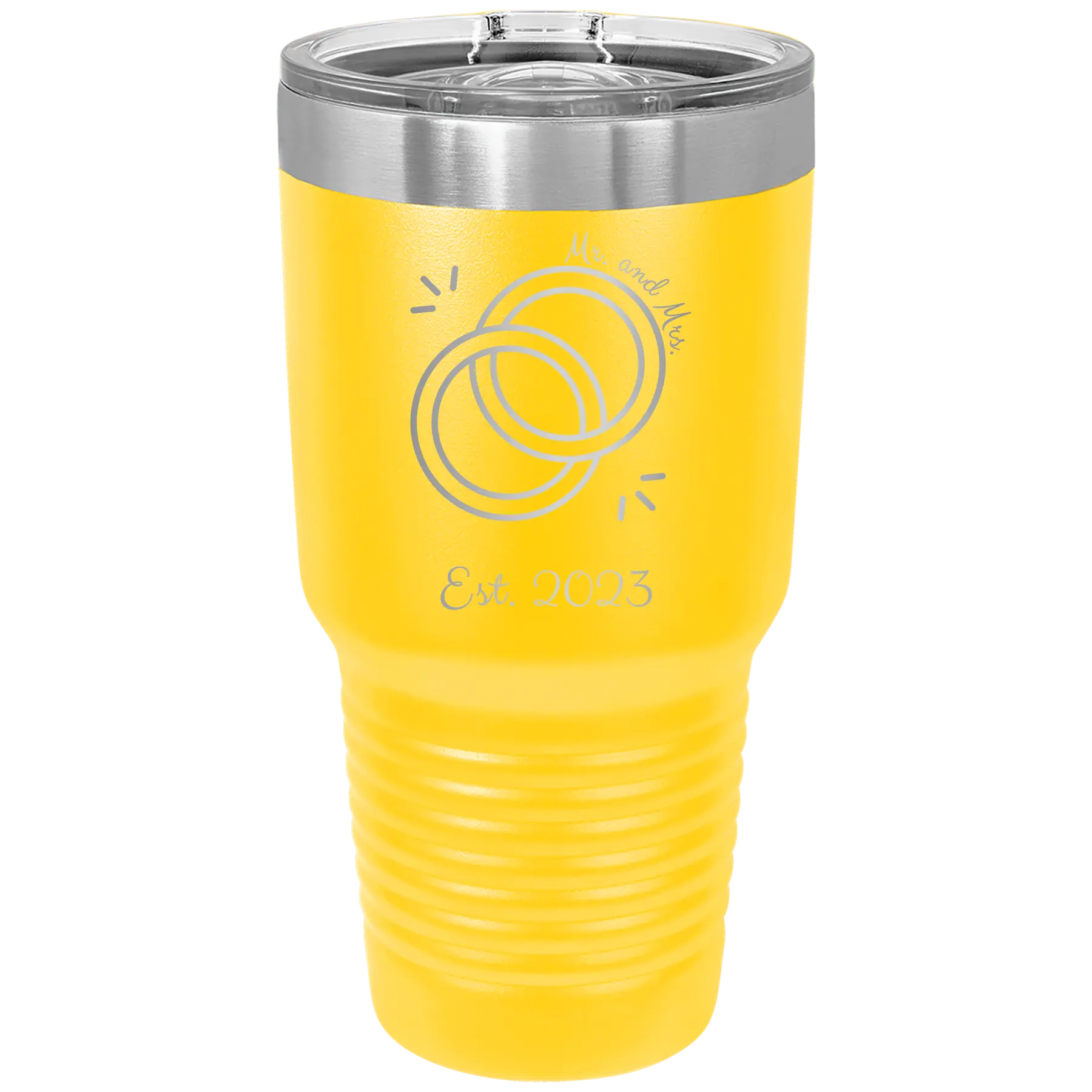 Personalized yellow 30 oz vacuum insulated tumbler with 'Mr Mrs Est' design