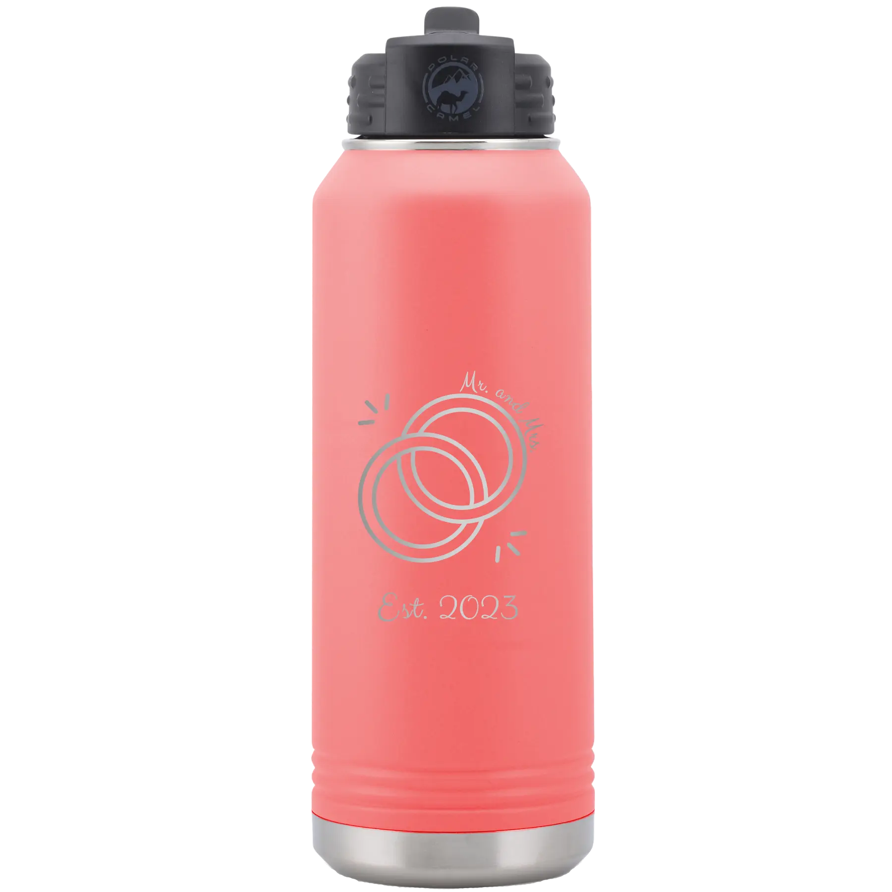 Personalized coral 32 oz vacuum insulated water bottle with 'Mr Mrs Est' design
