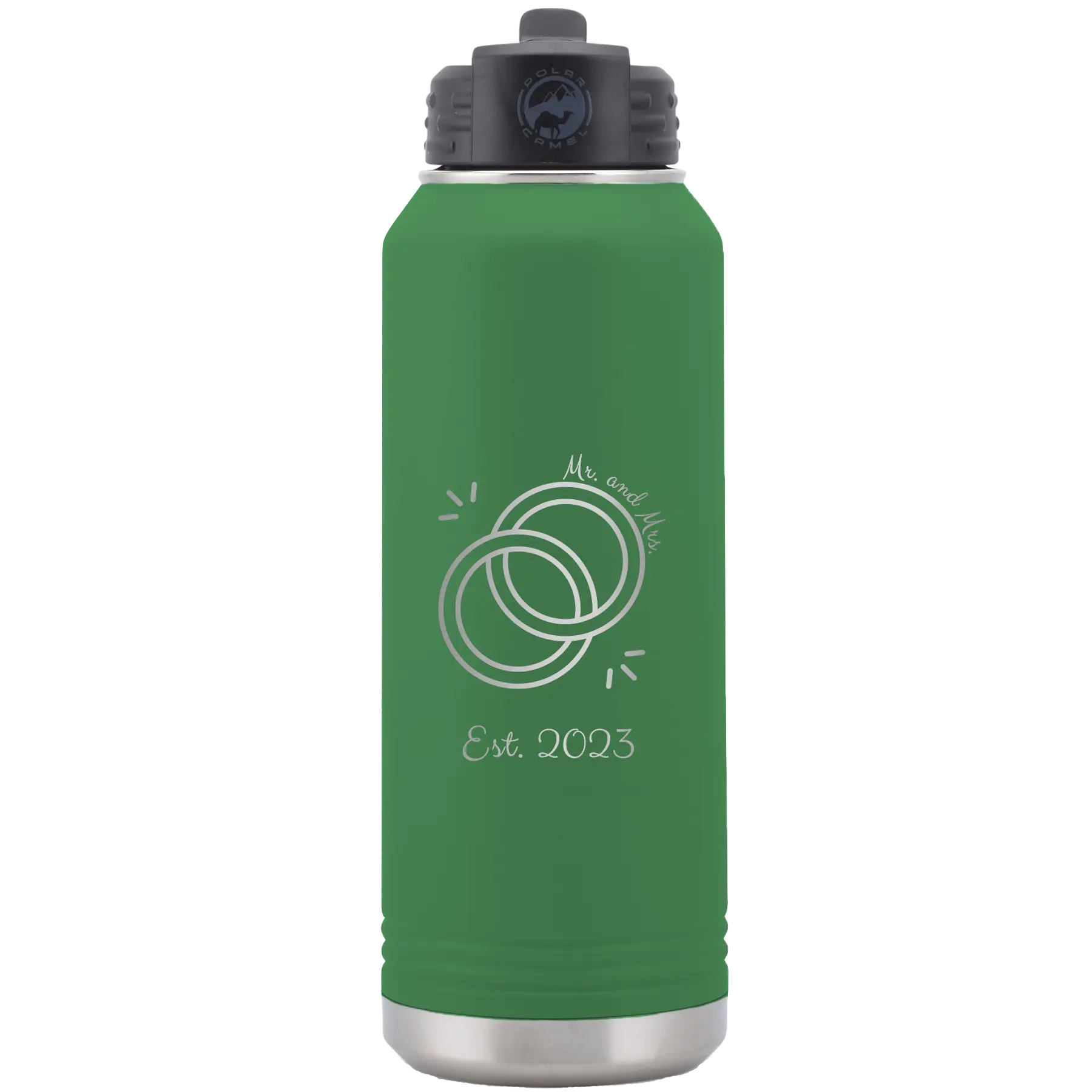 Personalized green 32 oz vacuum insulated water bottle with 'Mr Mrs Est' design