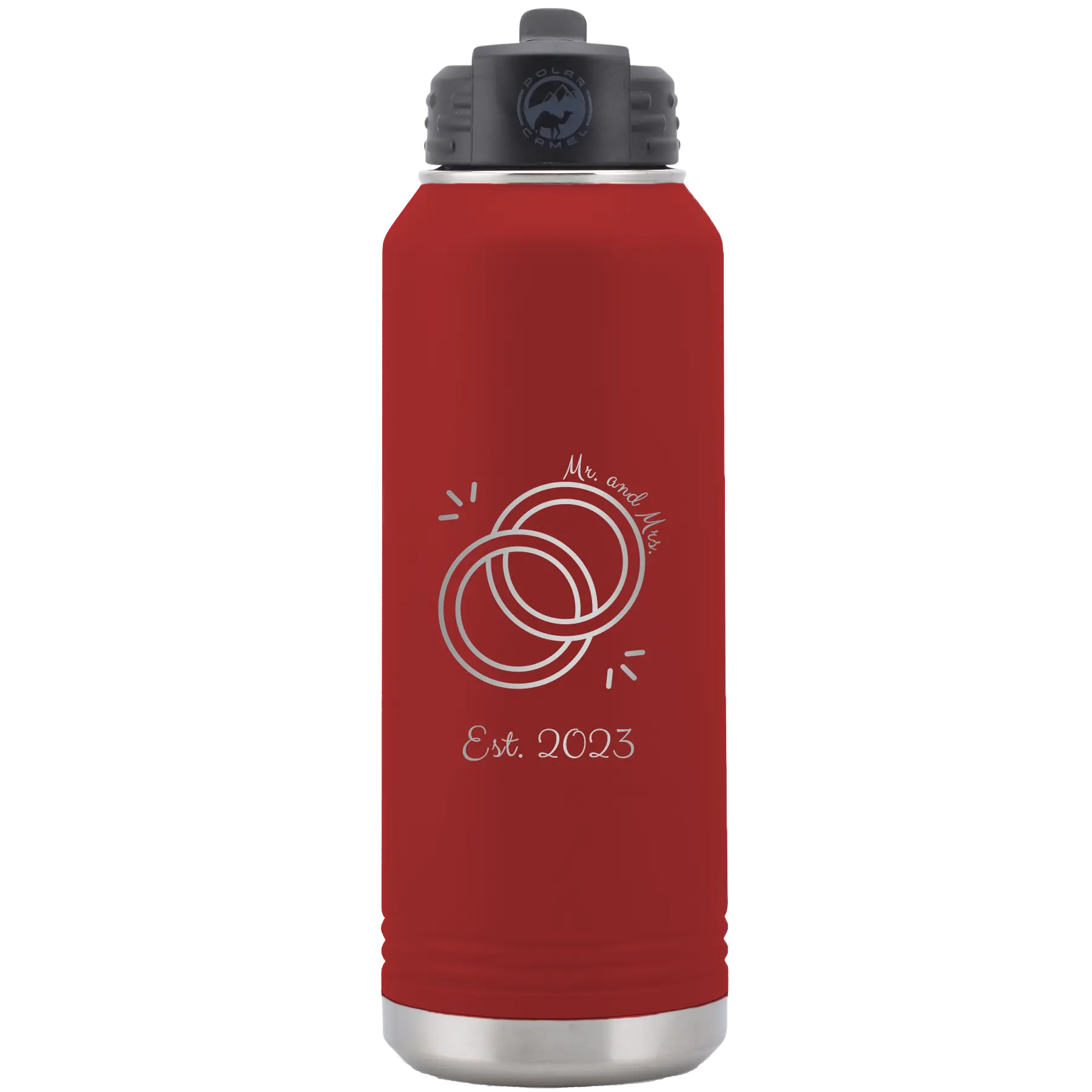 Personalized maroon 32 oz vacuum insulated water bottle with 'Mr Mrs Est' design