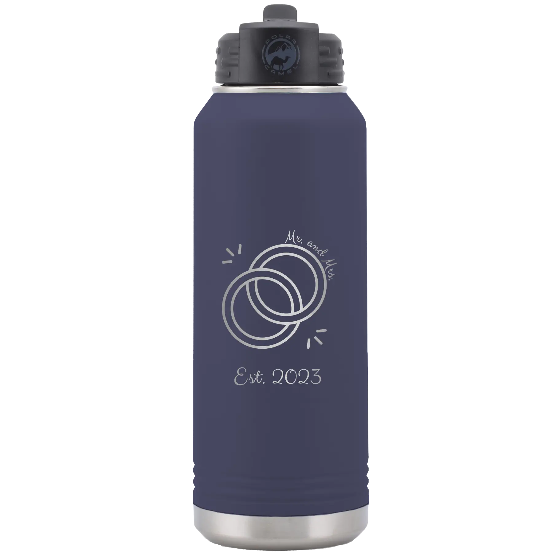 Personalized navy 32 oz vacuum insulated water bottle with 'Mr Mrs Est' design