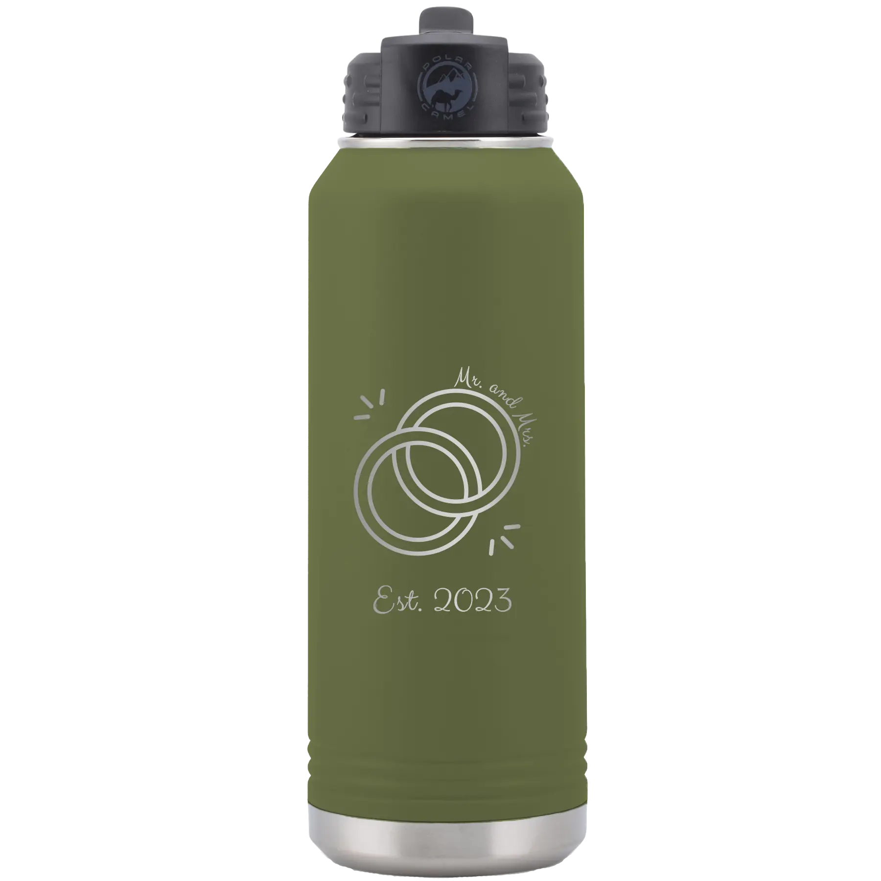 Personalized olive green 32 oz vacuum insulated water bottle with 'Mr Mrs Est' design