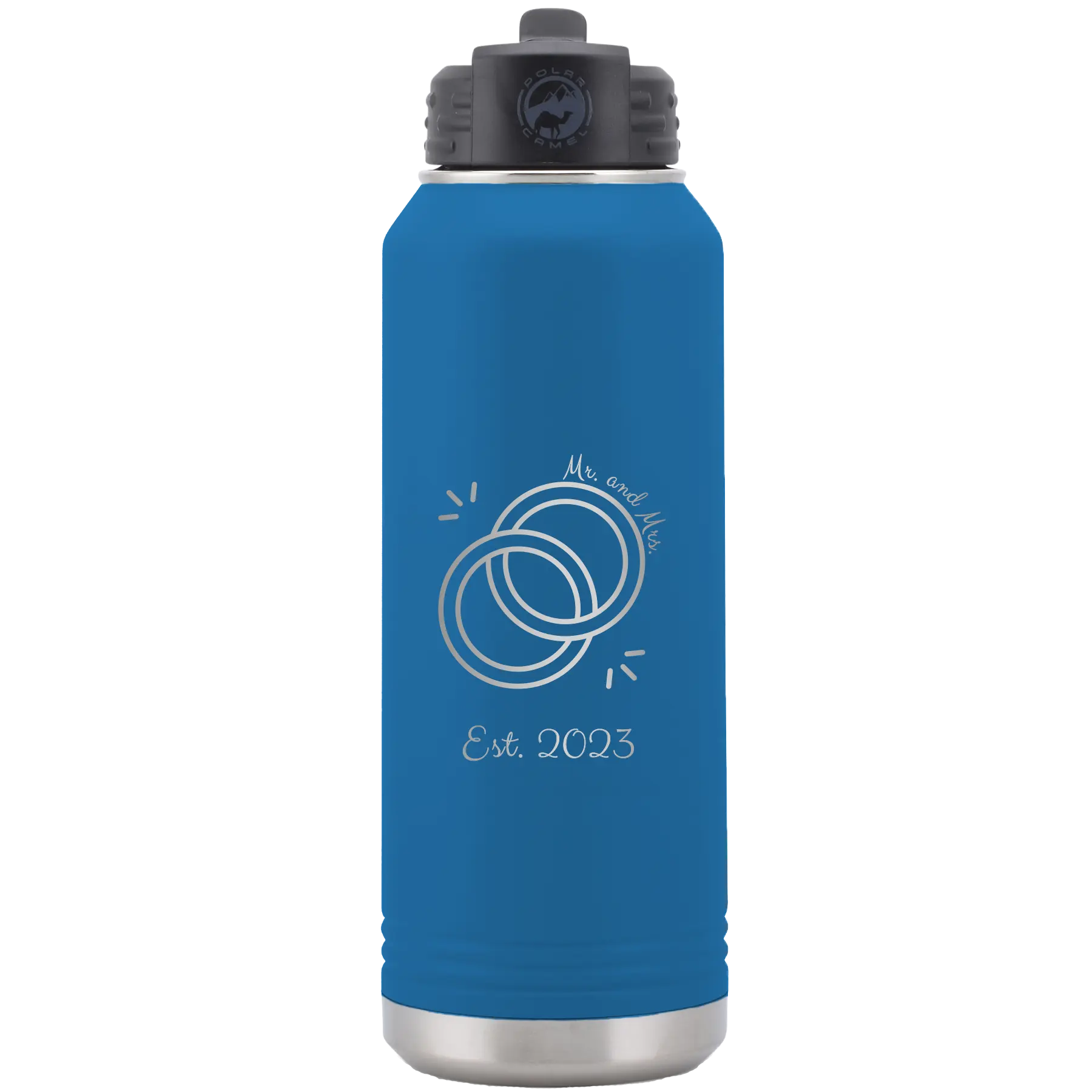 Personalized royal blue 32 oz vacuum insulated water bottle with 'Mr Mrs Est' design