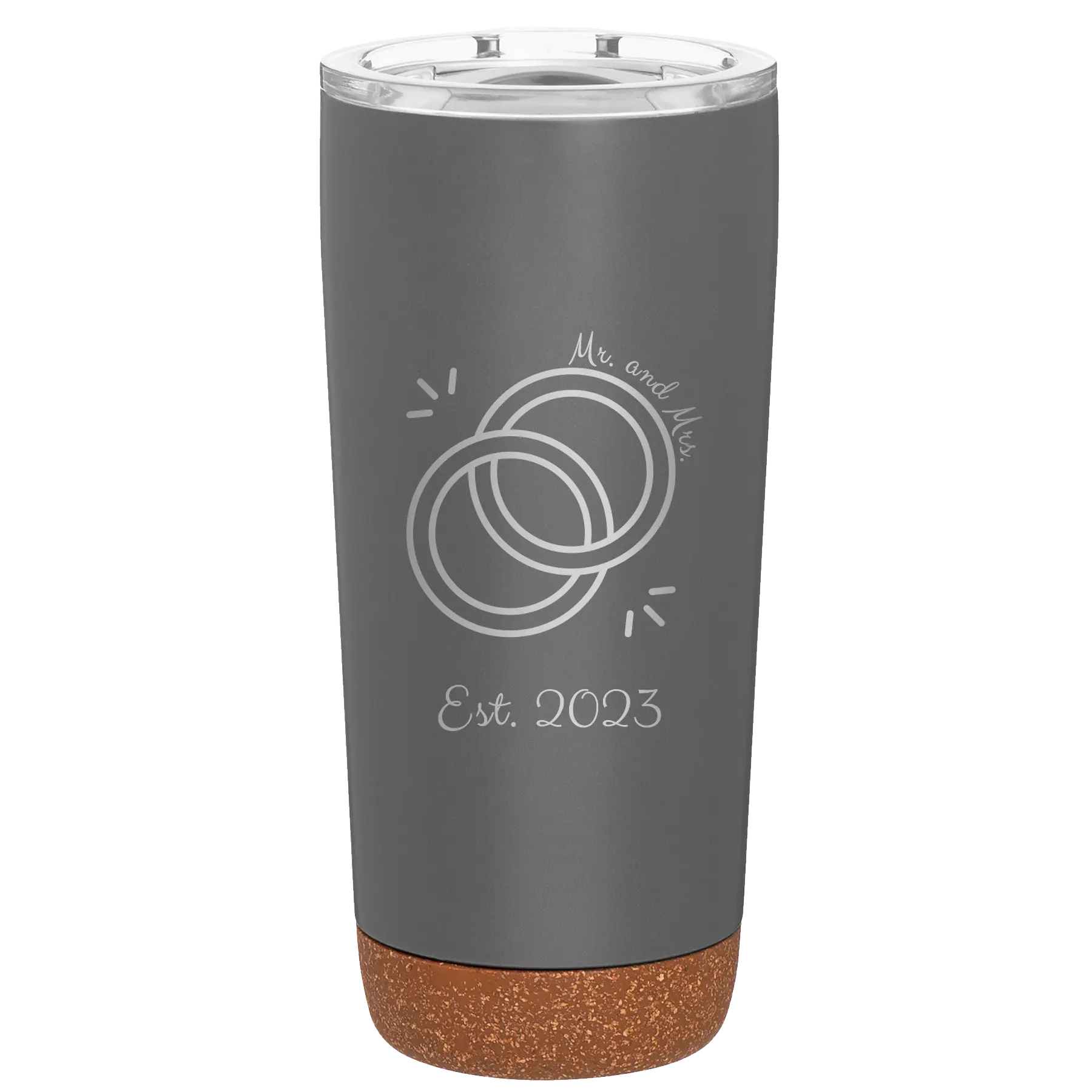Personalized storm gray 20 oz vacuum insulated tumbler with 'Mr Mrs Est' design