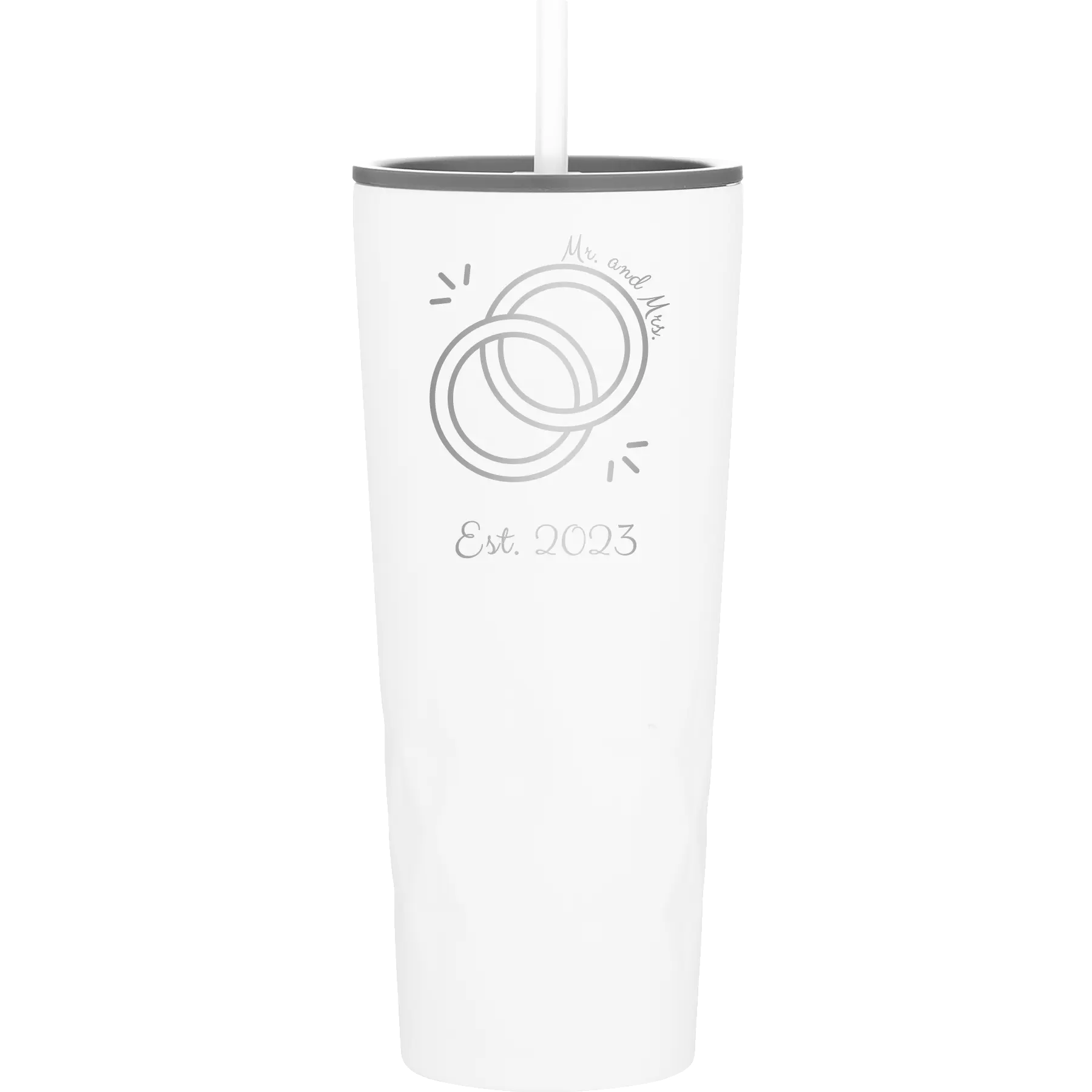 Personalized white 20 oz vacuum insulated tumbler with 'Mr Mrs Est' design