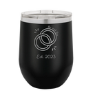 Personalized black 12 oz vacuum insulated wine cup with 'Mr Mrs Est' design