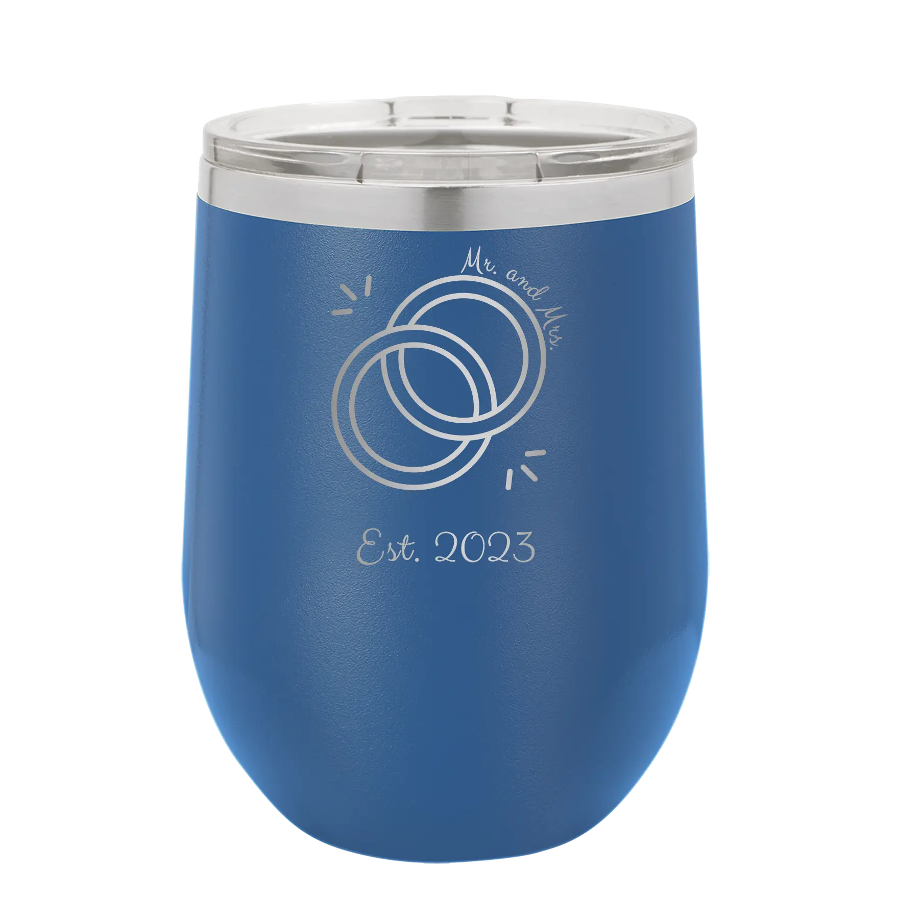 Personalized royal blue 12 oz vacuum insulated wine cup with 'Mr Mrs Est' design