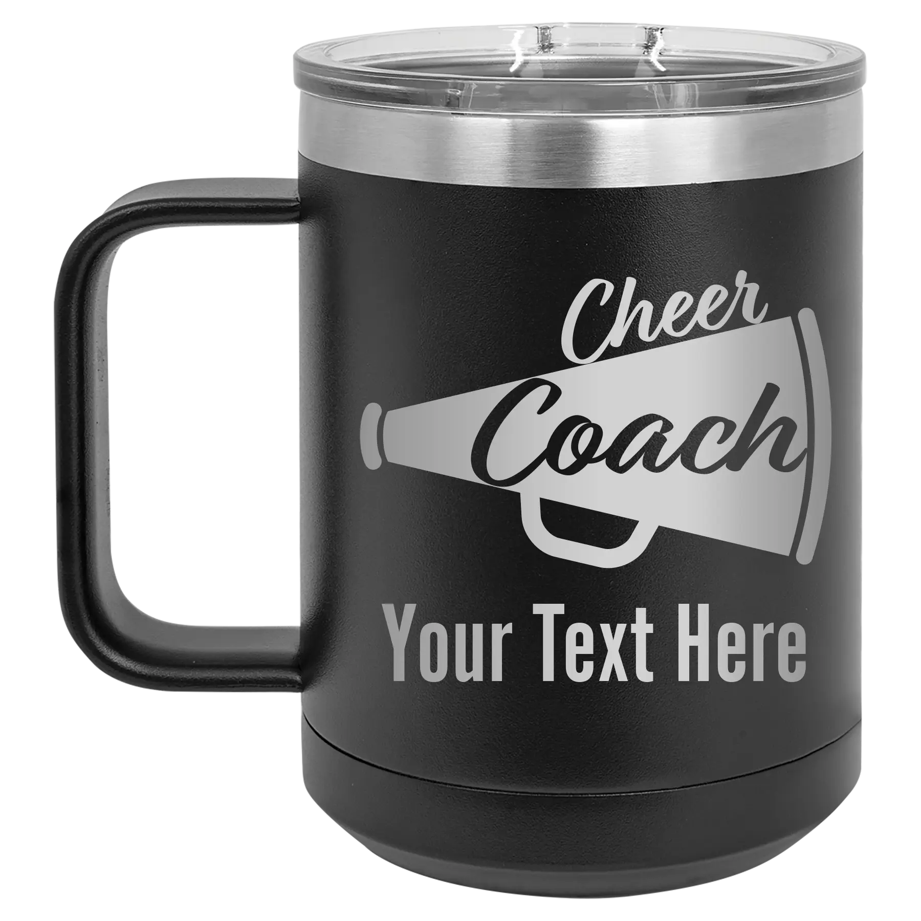 Personalized black 15 oz vacuum insulated coffee mug with 'Cheer Coach2' design