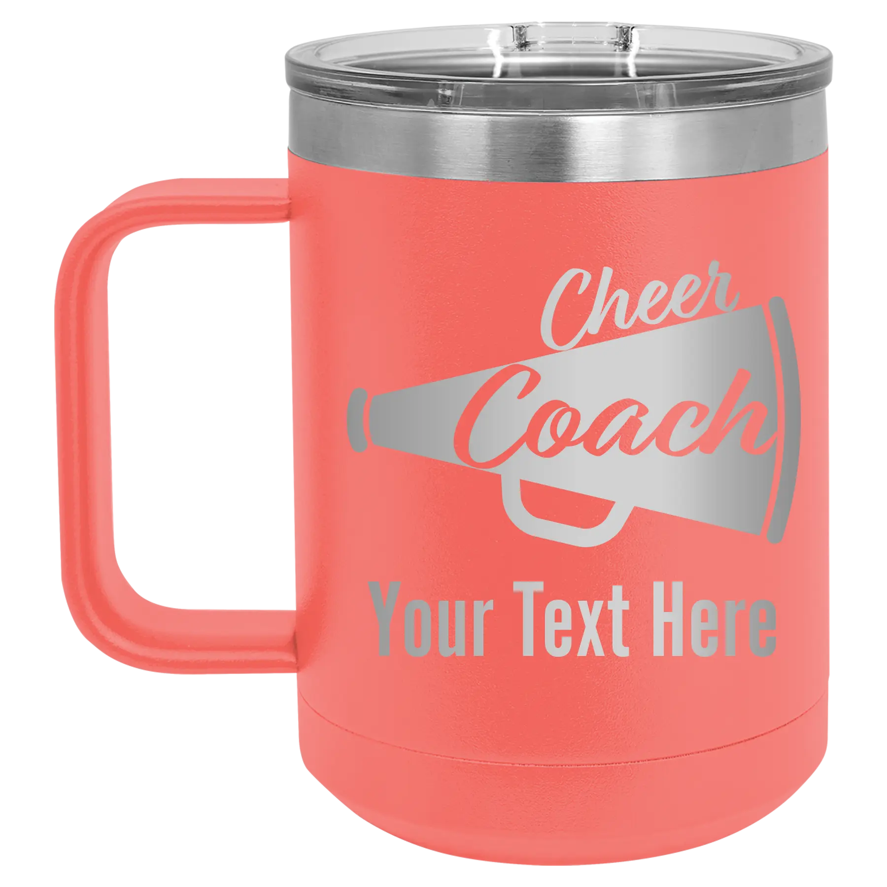 Personalized coral 15 oz vacuum insulated coffee mug with 'Cheer Coach2' design