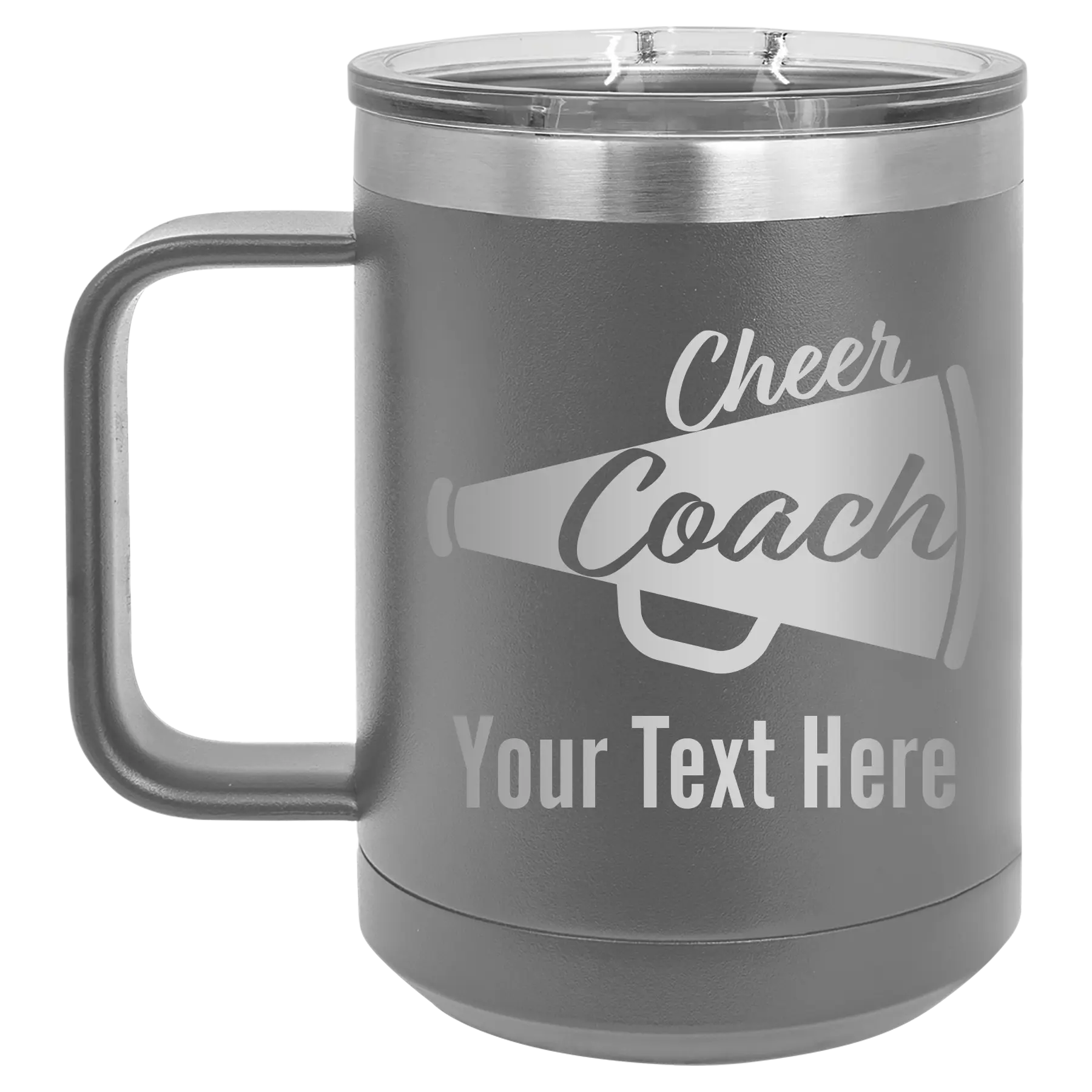 Personalized dark gray 15 oz vacuum insulated coffee mug with 'Cheer Coach2' design