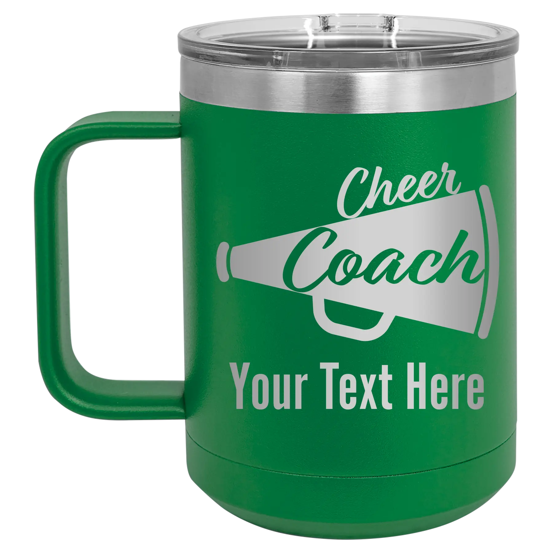 Personalized green 15 oz vacuum insulated coffee mug with 'Cheer Coach2' design