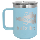 Personalized light blue 15 oz vacuum insulated coffee mug with 'Cheer Coach2' design