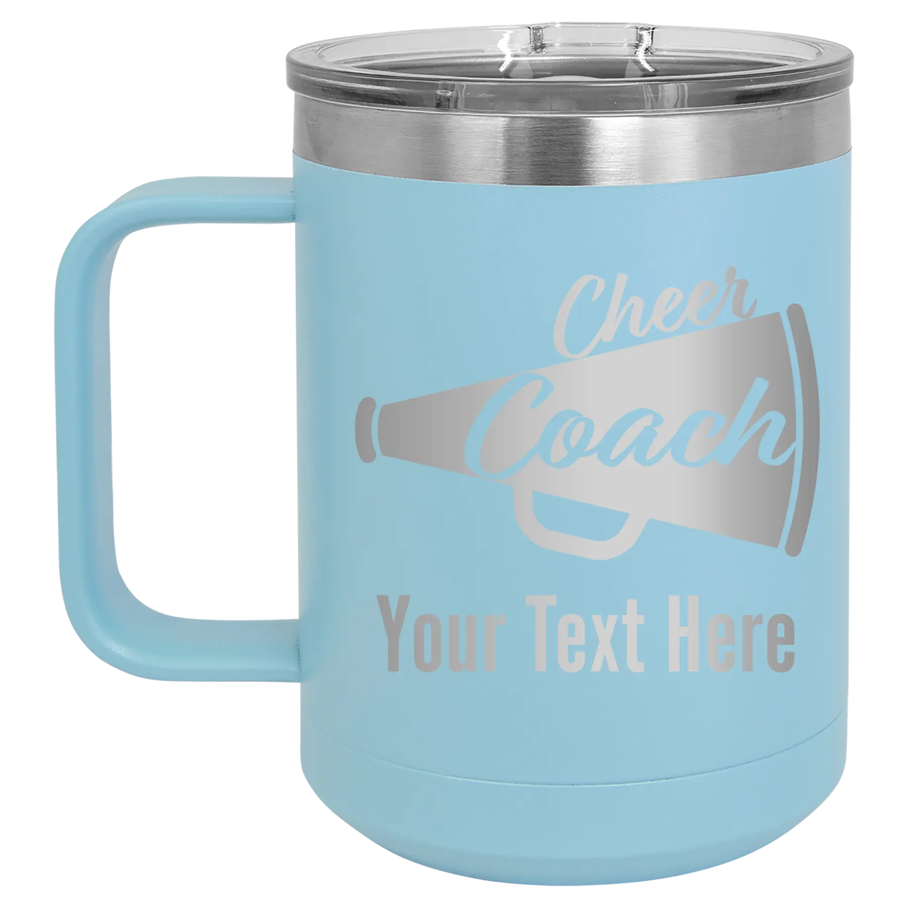 Personalized light blue 15 oz vacuum insulated coffee mug with 'Cheer Coach2' design