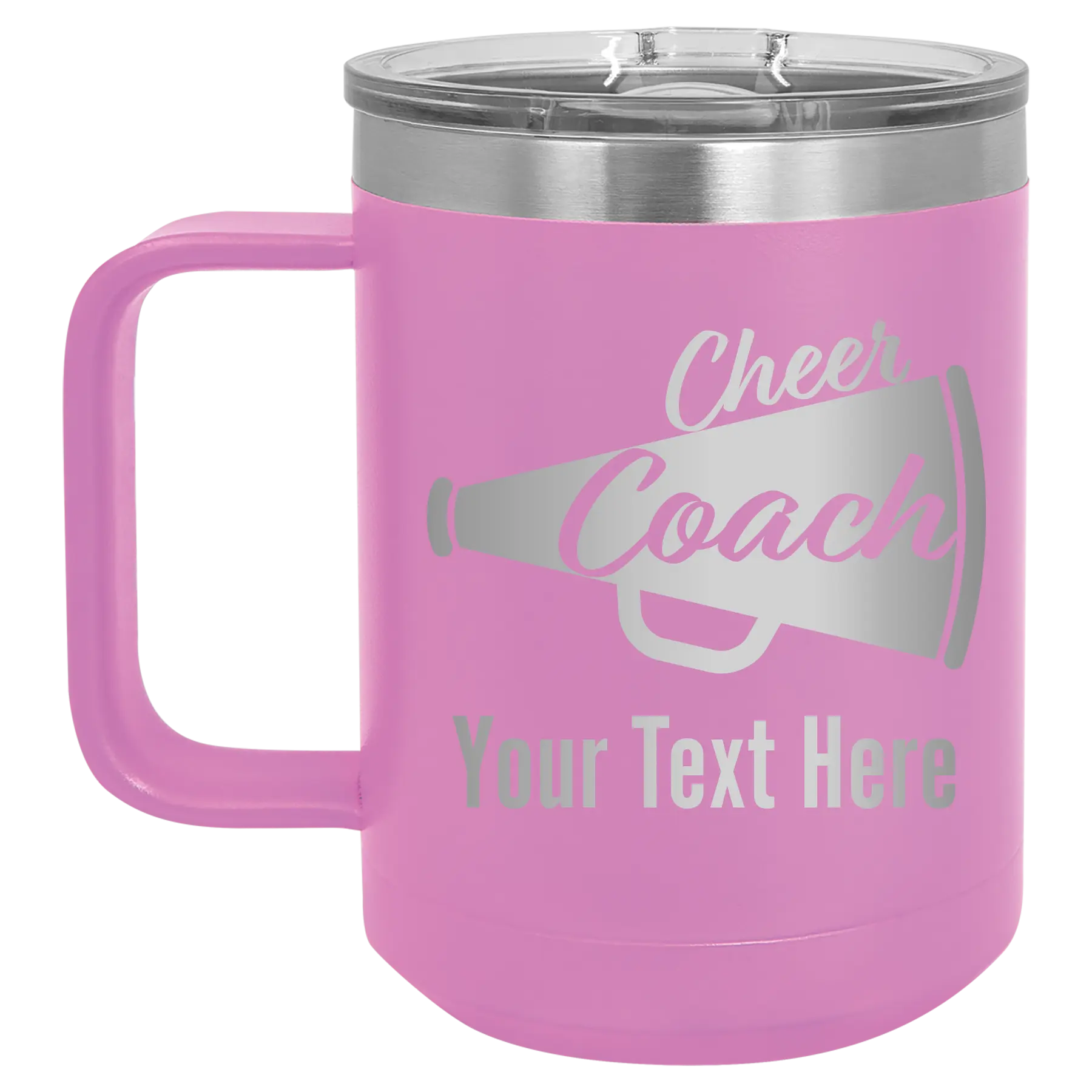 Personalized light purple 15 oz vacuum insulated coffee mug with 'Cheer Coach2' design