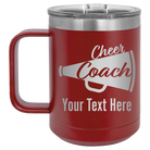 Personalized maroon 15 oz vacuum insulated coffee mug with 'Cheer Coach2' design