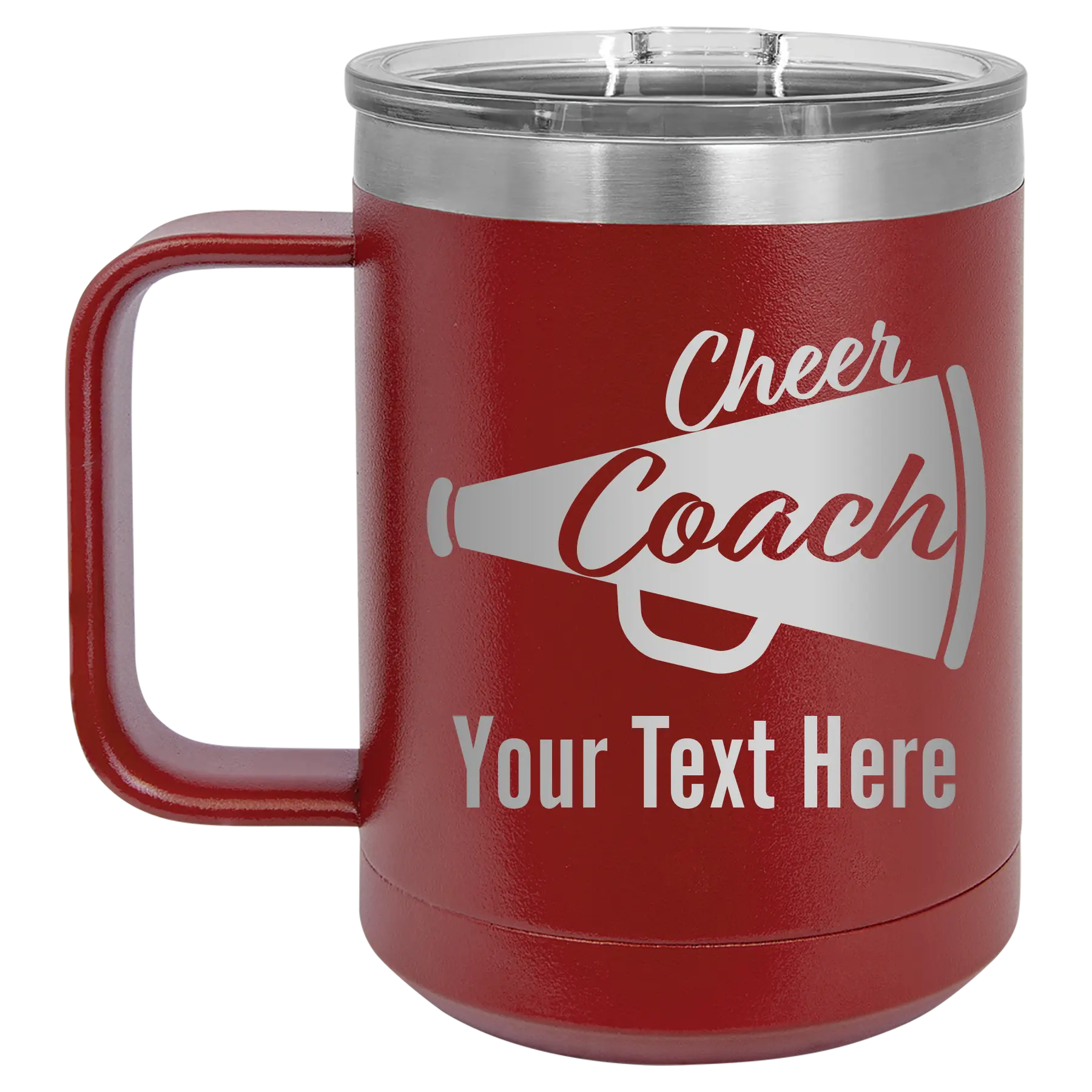 Personalized maroon 15 oz vacuum insulated coffee mug with 'Cheer Coach2' design