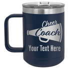 Personalized navy 15 oz vacuum insulated coffee mug with 'Cheer Coach2' design