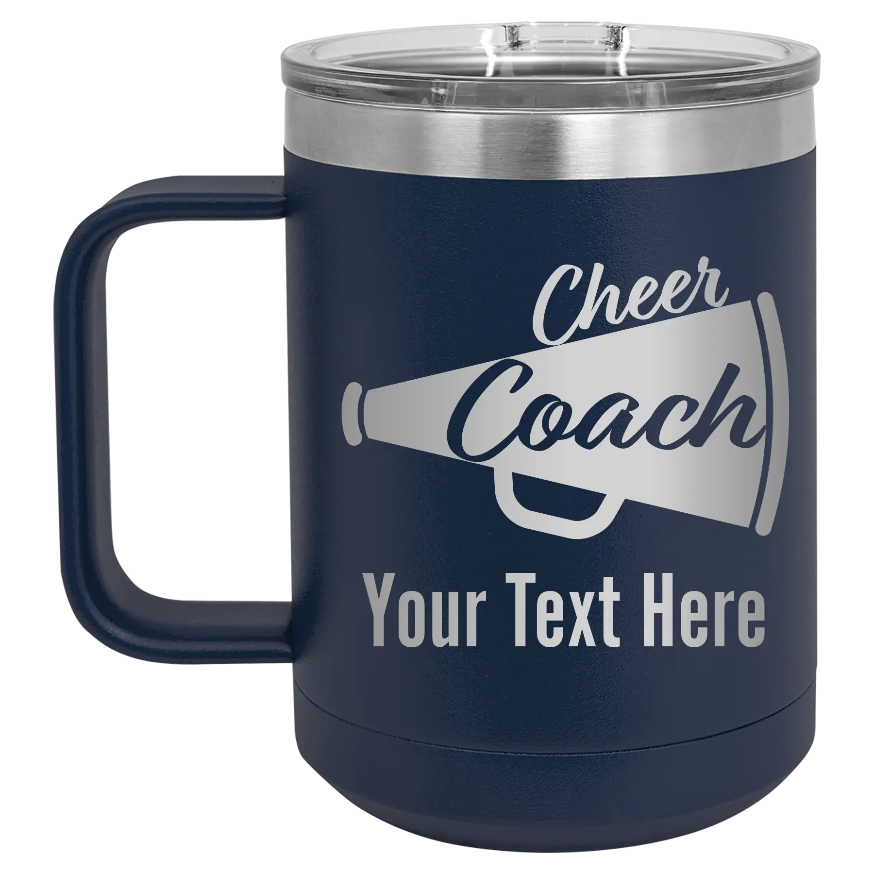 Personalized navy 15 oz vacuum insulated coffee mug with 'Cheer Coach2' design