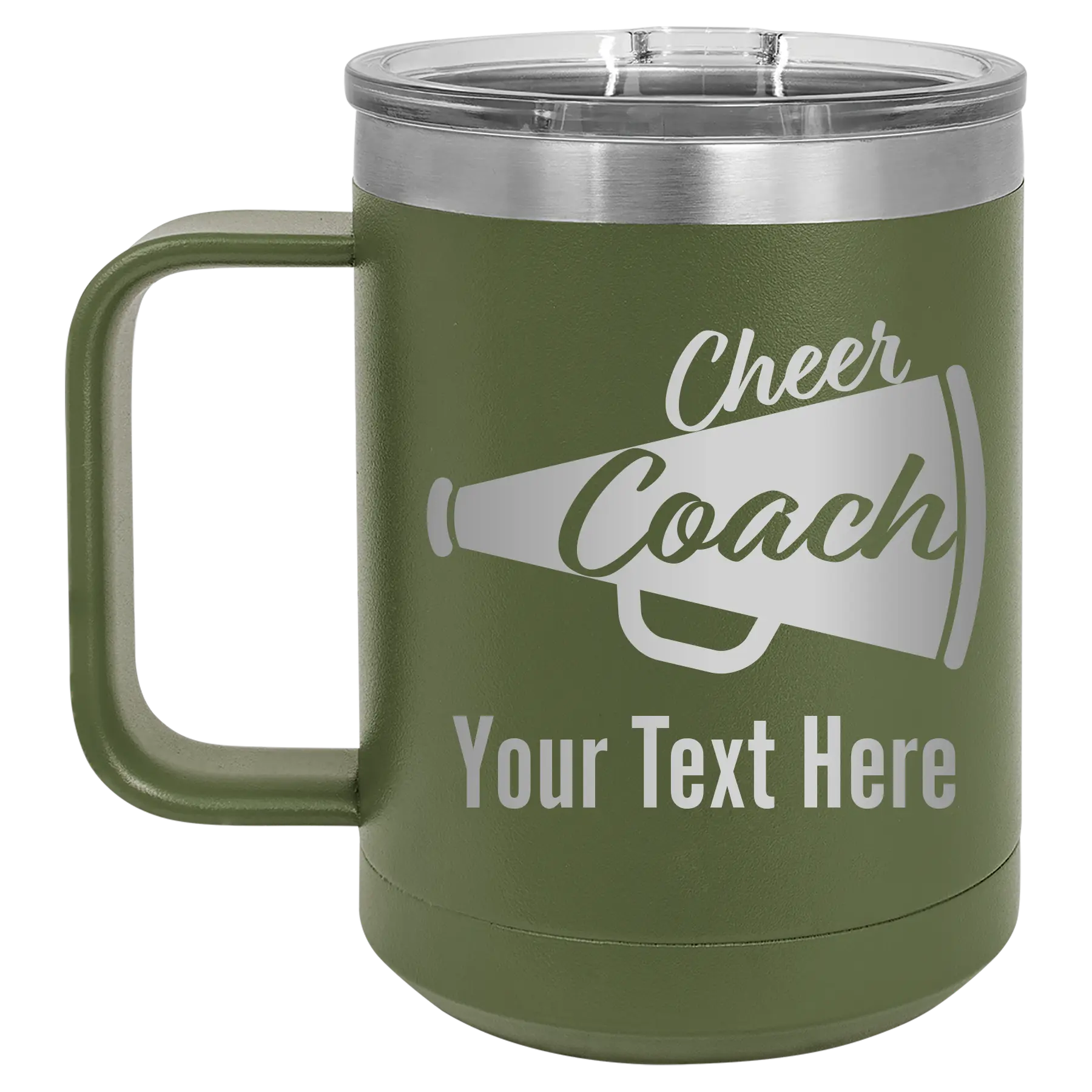 Personalized olive green 15 oz vacuum insulated coffee mug with 'Cheer Coach2' design