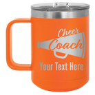 Personalized orange 15 oz vacuum insulated coffee mug with 'Cheer Coach2' design