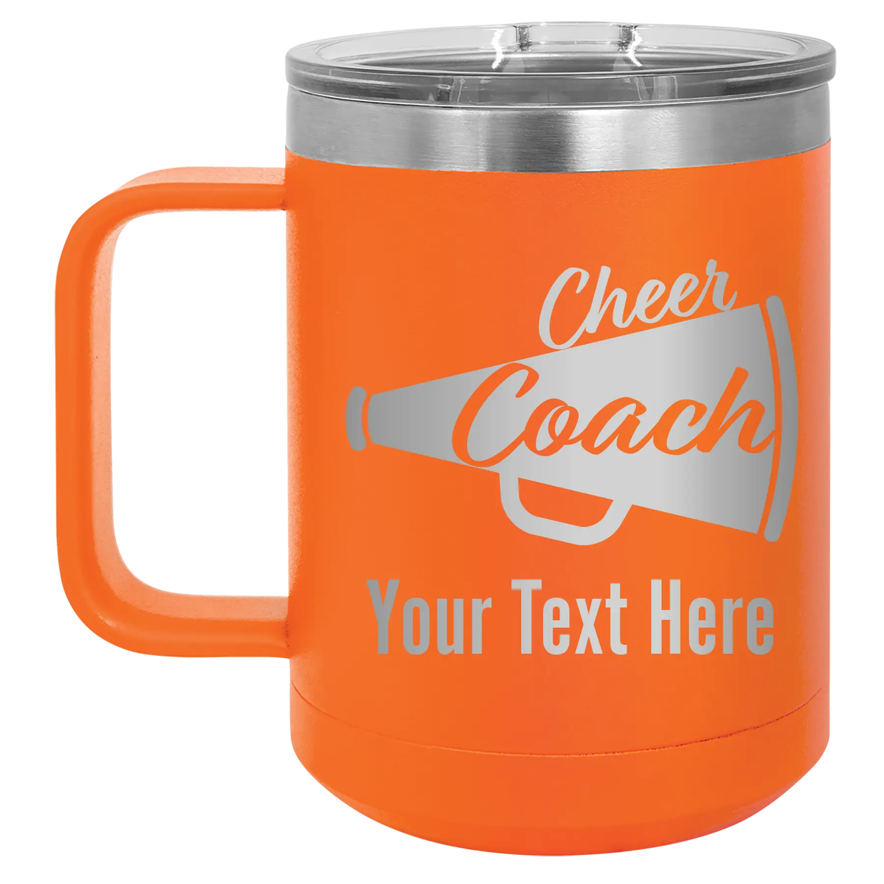 Personalized orange 15 oz vacuum insulated coffee mug with 'Cheer Coach2' design