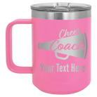 Personalized pink 15 oz vacuum insulated coffee mug with 'Cheer Coach2' design