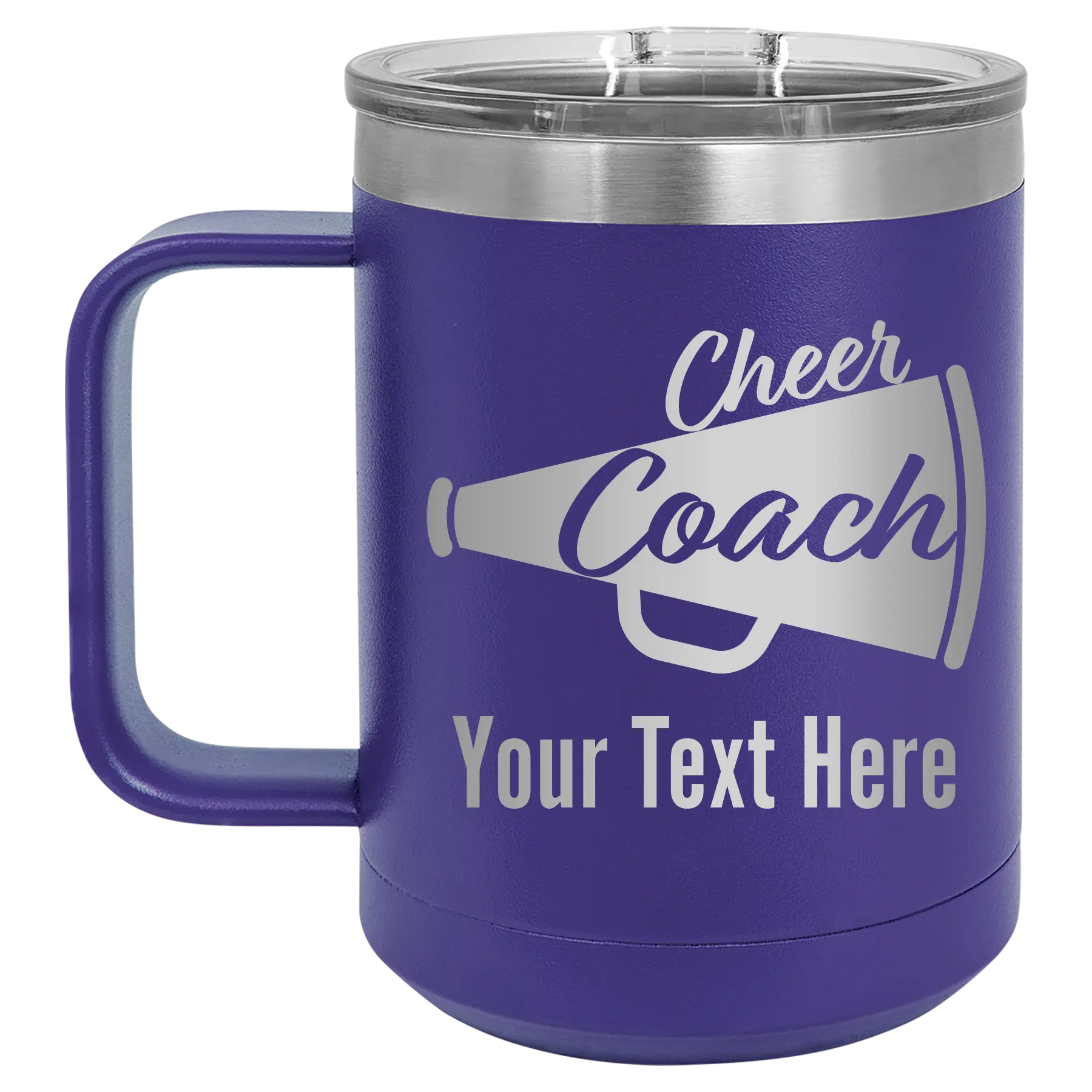 Personalized purple 15 oz vacuum insulated coffee mug with 'Cheer Coach2' design