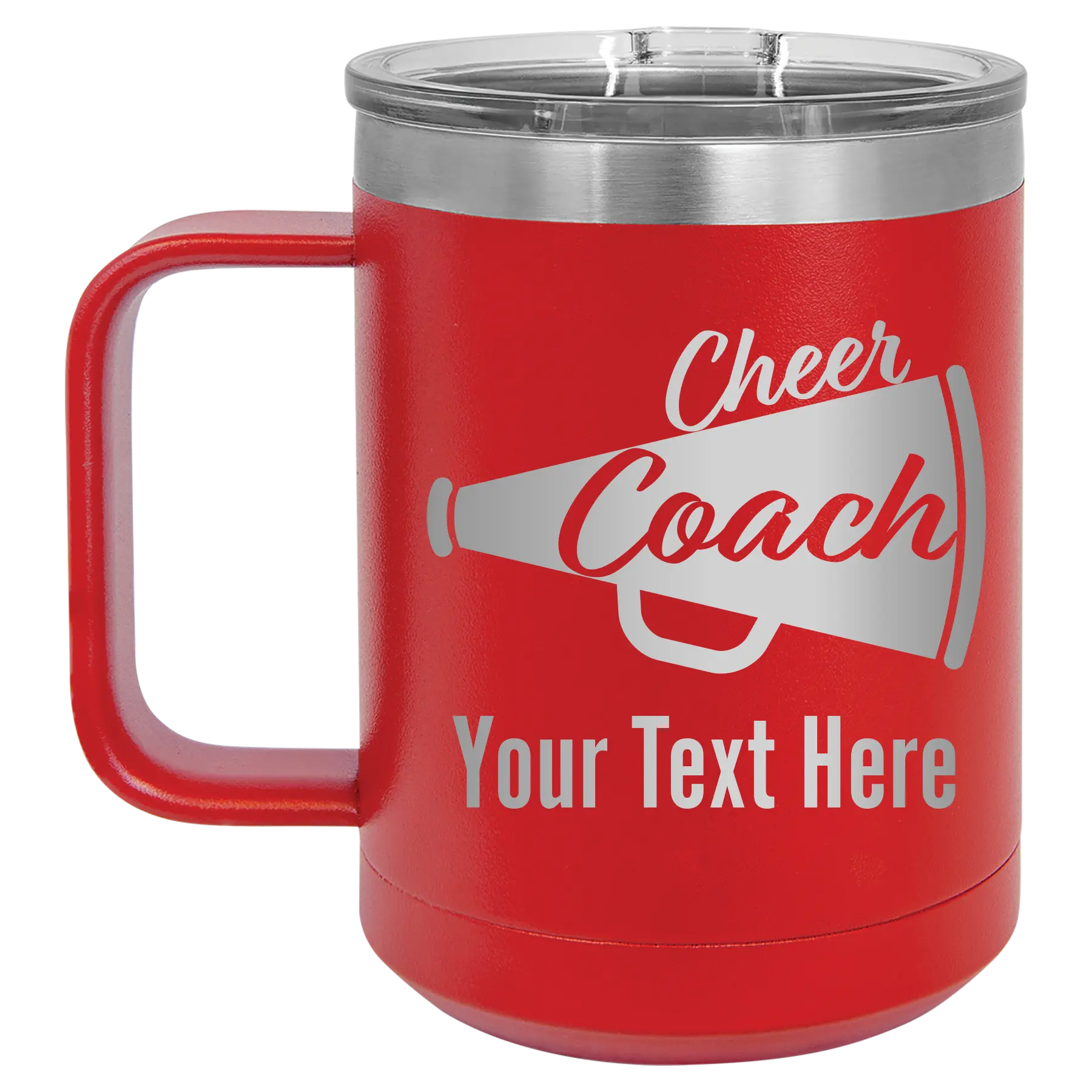 Personalized red 15 oz vacuum insulated coffee mug with 'Cheer Coach2' design