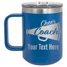 Personalized royal blue 15 oz vacuum insulated coffee mug with 'Cheer Coach2' design