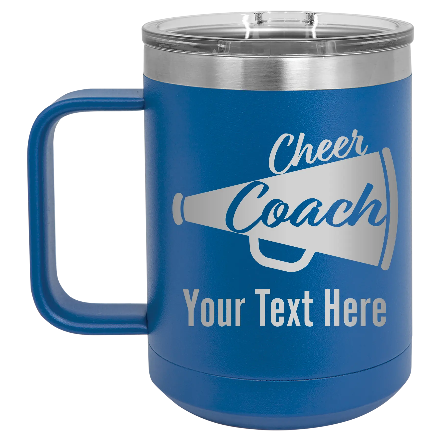 Personalized royal blue 15 oz vacuum insulated coffee mug with 'Cheer Coach2' design