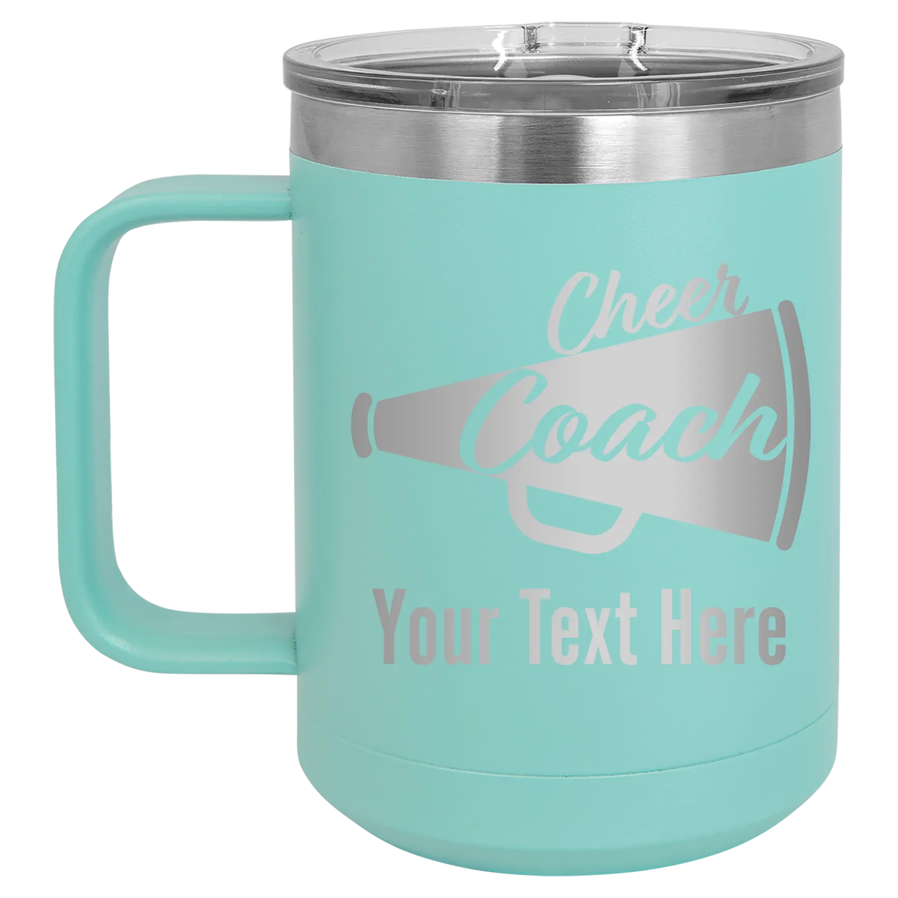 Personalized teal 15 oz vacuum insulated coffee mug with 'Cheer Coach2' design