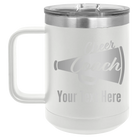 Personalized white 15 oz vacuum insulated coffee mug with 'Cheer Coach2' design