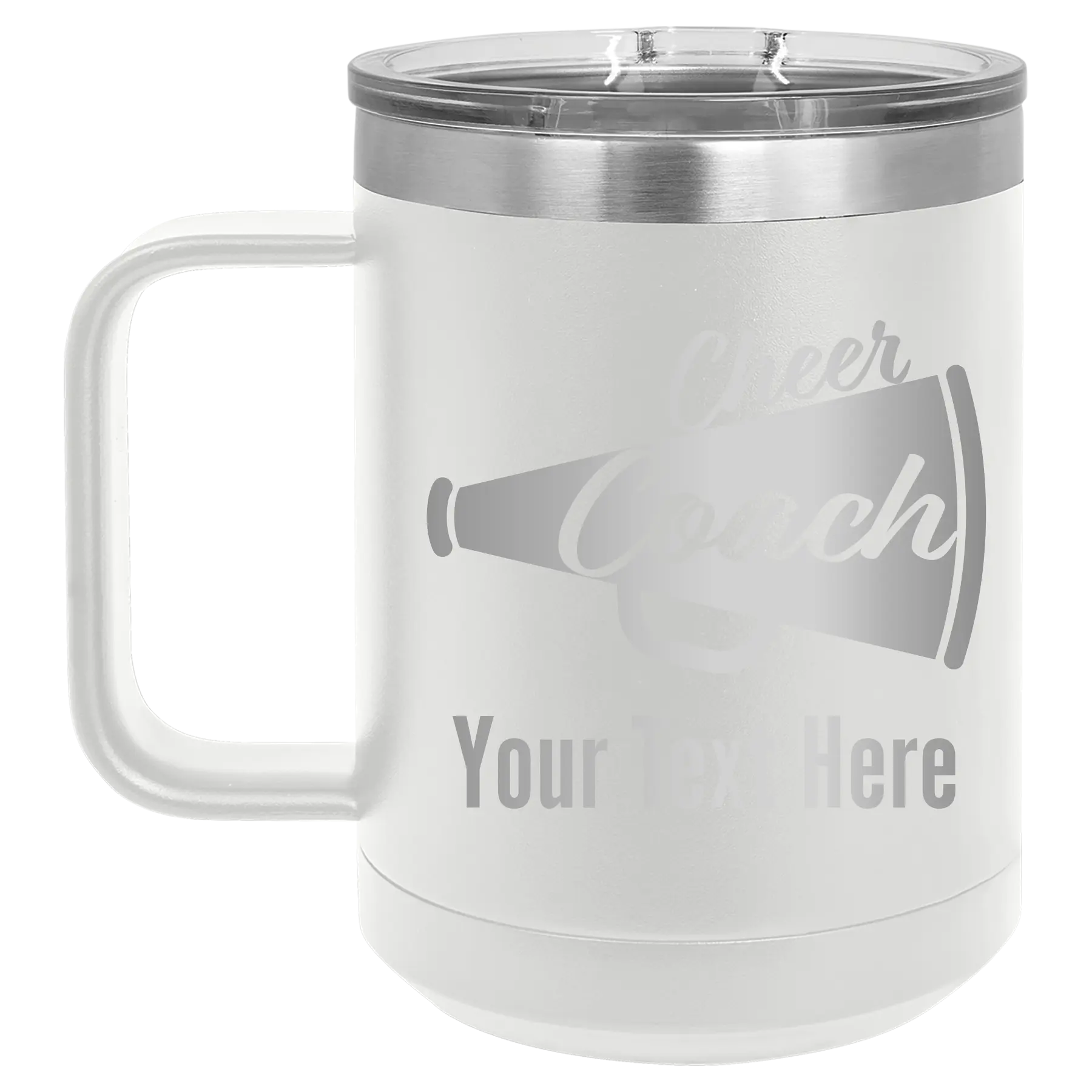 Personalized white 15 oz vacuum insulated coffee mug with 'Cheer Coach2' design